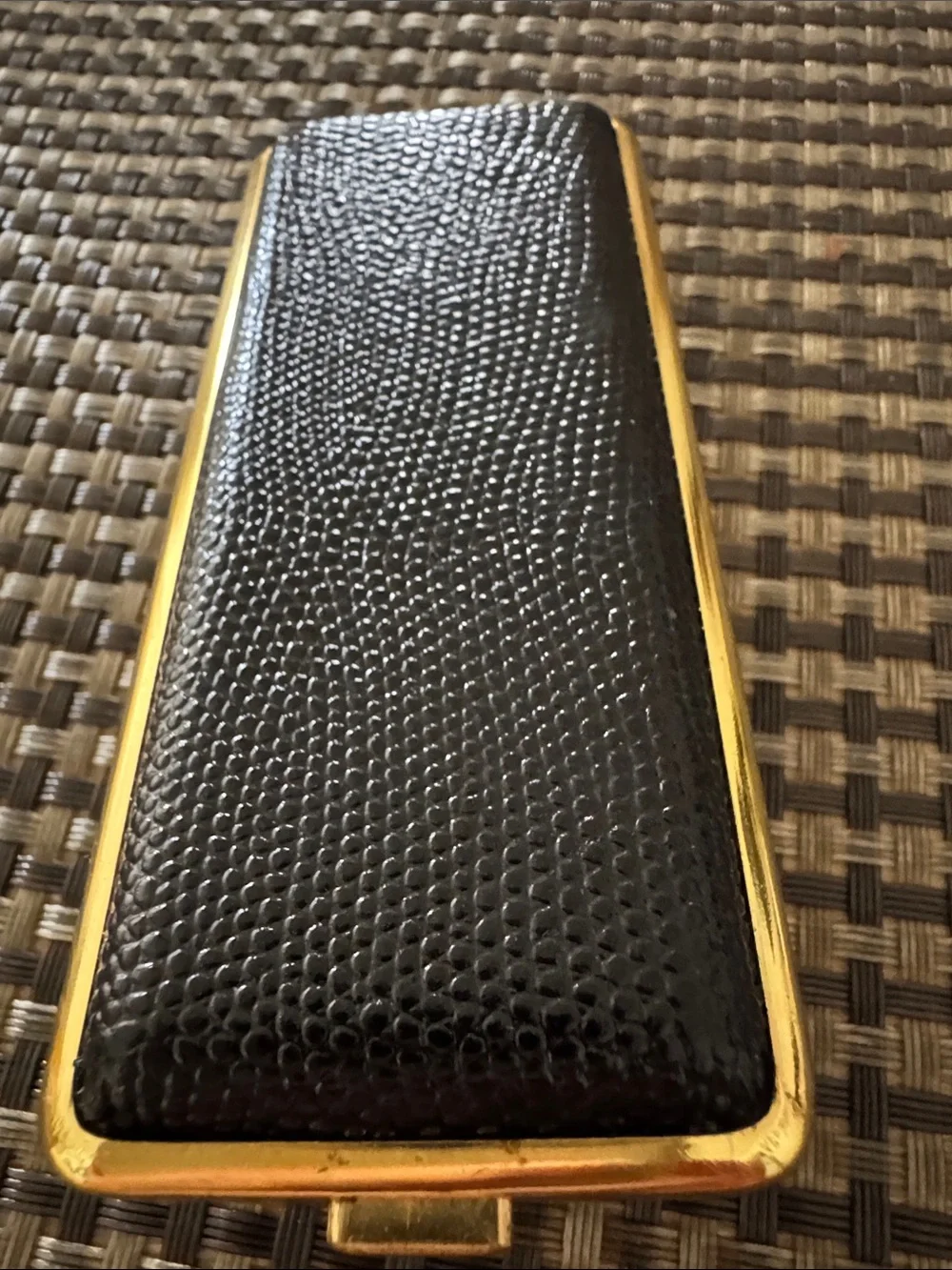 Beautiful Vintage Made In Germany Black Leather and Gold Trim Cigarette Case.